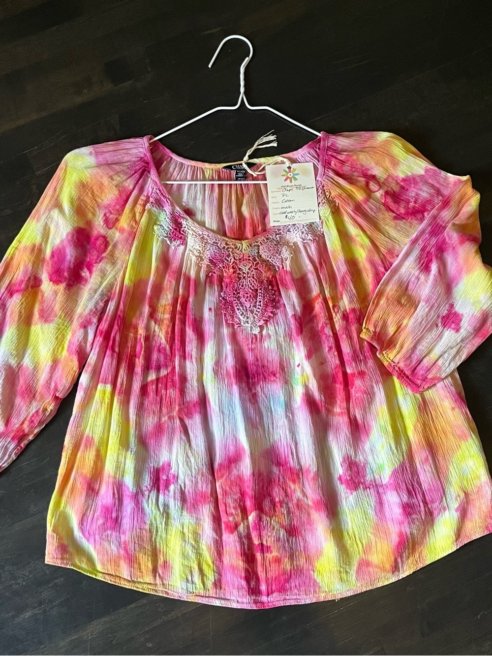Boho Ice-Dye Peasant Top in Pink & Yellow
